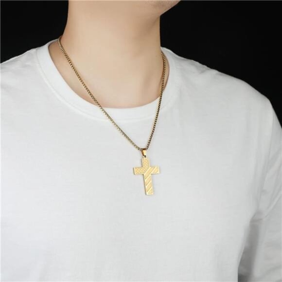 Gold American Flag Cross Necklace for Men Stainless Steel Box Chain 22+2 inch NW - Picture 4 of 7
